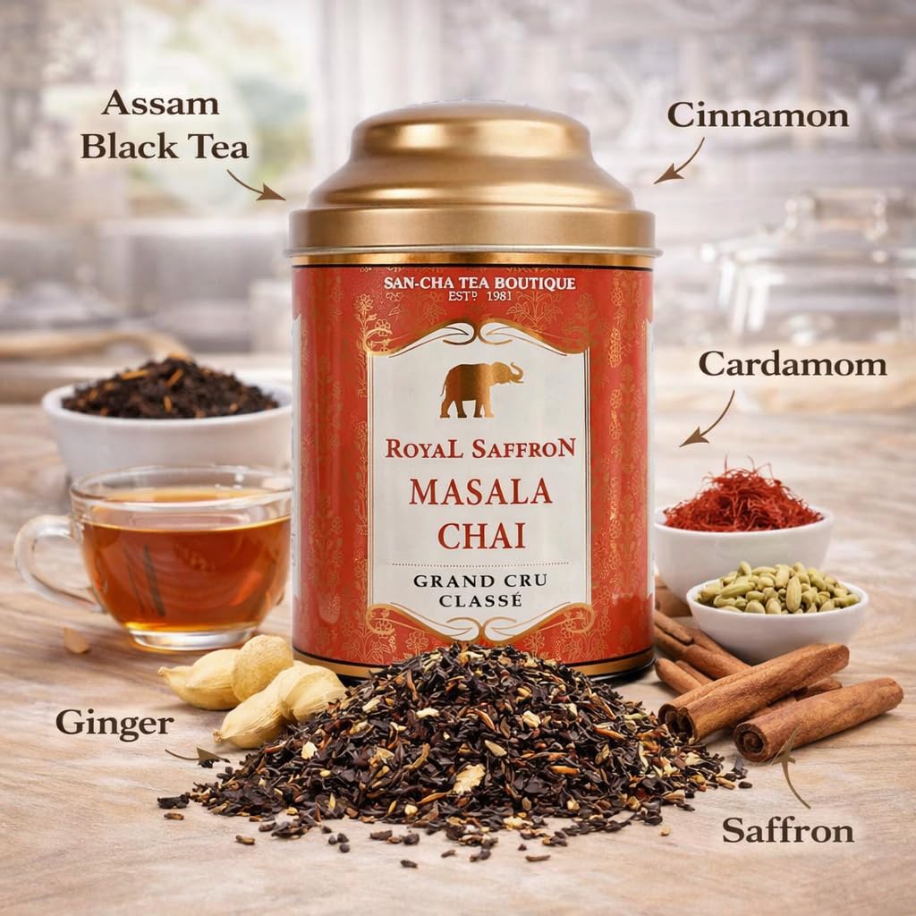 茶 SAN-CHA  Saffron Masala Chai Pistachio Saffron Masala Chai – Luxurious Indian Spiced Tea